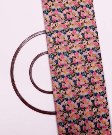 pink blue and mustard floral chanderi digital print fabric
